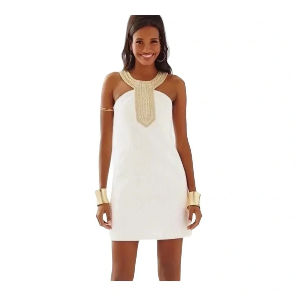 Lilly Pulitzer Adelina White Dress Gold Beaded‎ Neckline sz 4